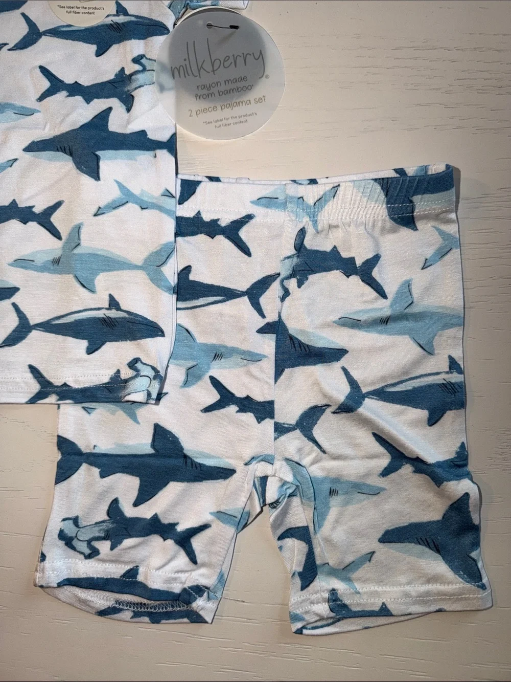 Milkberry Blue Shark Print Shorts Kids Pajama Set 4T 5T